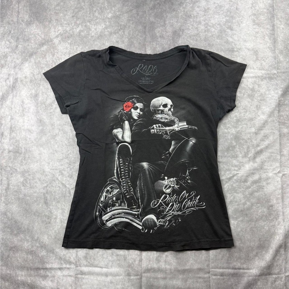 RODC Ride Or Die Chick Biker Graphic V-Neck T-Shirt Black Womens Large